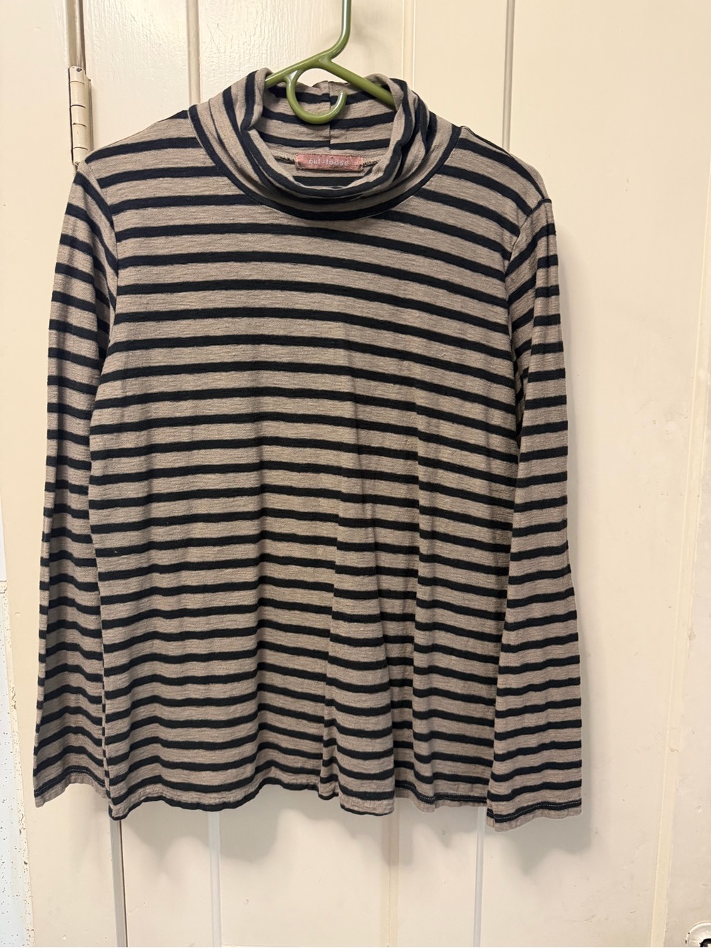 cut loose Beige and Black Striped Turtleneck Top